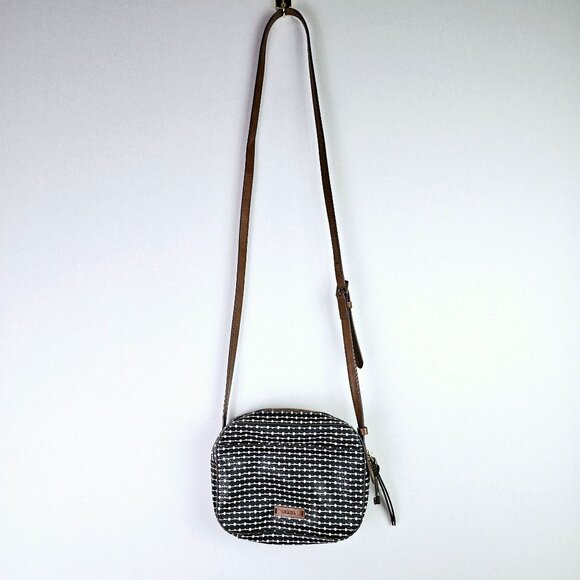 Fossil Smallbody Black, White Key Print Crossbody Handbag w/ Brown Trim & Charm - Picture 2 of 9